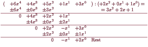 \bgroup\color{demo}$\displaystyle \begin{array}{rrrrrrl}
(& +6x^4 & +4x^3 & +5x^...
...&\pm1x^1& \\
\hline
& & & 0 & -x^1 & +2x^0 & \text{Rest}\\
\end{array}$\egroup