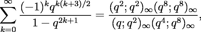 \sum_{k=0}^\infty\frac{(-1)^kq^{k(k+3)/2}}{1-q^{2k+1}}=\frac{(q^2;q^2)_{\infty}(q^8;q^8)_{\infty}}{(q;q^2)_{\infty}(q^4;q^8)_{\infty}},