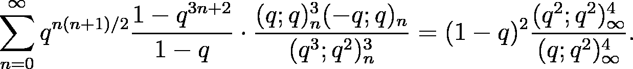 $$\sum_{n=0}^\infty q^{n(n+1)/2} \frac {1-q^{3n+2}} {1-q}
\cdot\frac{(q;q)_n^3 (-q;q)_n}{(q^3;q^2)_{n}^3} = (1-q)^2
\frac{(q^2;q^2)^4_\infty}{(q;q^2)^4_\infty}.$$

