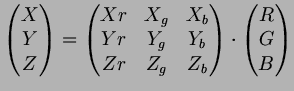 $\displaystyle \begin{pmatrix}
X \\ Y \\ Z
\end{pmatrix}=
\begin{pmatrix}
Xr & X...
...Zr & Z_g & Z_b \\
\end{pmatrix}\cdot
\begin{pmatrix}
R \\ G \\ B
\end{pmatrix}$