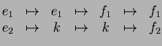 $\displaystyle \begin{matrix}
e_1 &\mapsto& e_1 &\mapsto& f_1 &\mapsto& f_1 \\
e_2 &\mapsto& k &\mapsto& k &\mapsto& f_2 \\
\end{matrix}$