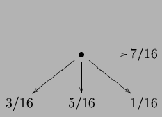 $\displaystyle \xymatrix{
&\bullet\ar@{->}[0,1] \ar@{->}[1,1] \ar@{->}[1,0] \ar@{->}[1,-1] &7/16 \\
3/16 &5/16 &1/16 \\
}$