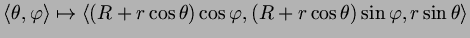 $\displaystyle \langle\th ,\varphi \rangle\mapsto \langle (R+r\cos\th )\cos\varphi ,(R+r\cos\th )\sin\varphi ,r\sin\th\rangle
$