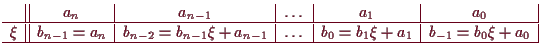 \bgroup\color{demo}$\displaystyle \begin{array}{r\vert\vert c\vert c\vert c\vert...
... & \dots &
b_0=b_1 \xi +a_1 & b_{-1}=b_0 \xi +a_0 \\
\hline
\end{array}$\egroup