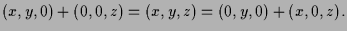 $\displaystyle (x,y,0)+(0,0,z)=(x,y,z)=(0,y,0)+(x,0,z).$