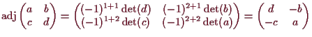 \bgroup\color{demo}$\displaystyle \operatorname{adj}
\begin{pmatrix}
a & b \\ c ...
...}\det(a)
\end{pmatrix}
=
\begin{pmatrix}
d & -b \\ -c & a
\end{pmatrix}$\egroup