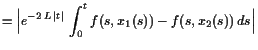 $\displaystyle =\Bigl\vert e^{-2 L \vert t\vert} \int_0^t f(s,x_1(s))-f(s,x_2(s)) ds\Bigr\vert$