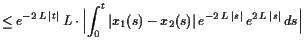 $\displaystyle \leq e^{-2 L \vert t\vert} L\cdot\Bigl\vert\int_0^t \vert x_1(s)-x_2(s)\vert e^{-2 L \vert s\vert} e^{2 L \vert s\vert} ds\Bigr\vert$