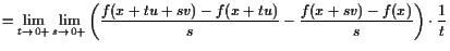 $\displaystyle = \lim_{t\to 0+} \lim_{s\to 0+} \left(\frac{f(x+tu+sv)-f(x+tu)}s - \frac{f(x+sv)-f(x)}s\right) \cdot \frac1{t}$