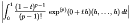 $\displaystyle \Biggl\vert\int_0^1 \frac{(1-t)^{p-1}}{(p-1)!} \exp^{(p)}(0+th)(h,\dots,h) dt\Bigr\vert$