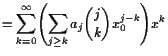 $\displaystyle =\sum_{k=0}^{\infty}\Biggl( \sum_{j\geq k} a_j\binom{j}{k} x_0^{j-k}\Biggr)x^k$