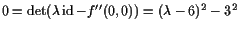 $ 0=\det(\lambda \operatorname{id}-f''(0,0))=(\lambda -6)^2-3^2$