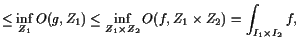 $\displaystyle \leq \inf_{Z_1} O(g,Z_1) \leq \inf_{Z_1\times Z_2} O(f,Z_1\times Z_2) =\int_{I_1\times I_2} f,$