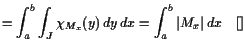 $\displaystyle = \int_a^b \int_J \chi _{M_x}(y) dy  dx = \int_a^b \vert M_x\vert dx {\rm\quad[]}$