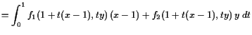 $\displaystyle = \int_0^1 f_1(1+t(x-1),ty) (x-1) + f_2(1+t(x-1),ty) y\;dt$