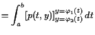 $\displaystyle = \int_a^b [p(t,y)]_{y=\varphi _2(t)}^{y=\varphi _1(t)}  dt$