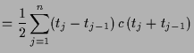 $\displaystyle =\frac12 \sum_{j=1}^n (t_j-t_{j-1})\,c\,(t_{j}+t_{j-1})$