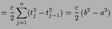 $\displaystyle =\frac{c}{2} \sum_{j=1}^n (t_j^2-t_{j-1}^2)= \frac{c}{2}\,(b^2-a^2)$