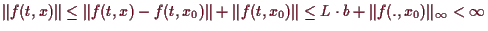 \bgroup\color{demo}$\displaystyle \Vert f(t,x)\Vert \leq \Vert f(t,x)-f(t,x_0)\V...
...ert f(t,x_0)\Vert
\leq L\cdot b + \Vert f(.,x_0)\Vert_{\infty}<{\infty}
$\egroup