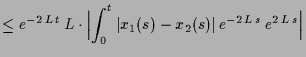 $\displaystyle \leq e^{-2\,L\,t}\,L\cdot\Bigl\vert\int_0^t \vert x_1(s)-x_2(s)\vert\,e^{-2\,L\,s}\,e^{2\,L\,s}\Bigr\vert$