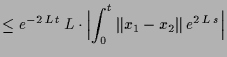 $\displaystyle \leq e^{-2\,L\,t}\,L\cdot\Bigl\vert\int_0^t \Vert x_1-x_2 \Vert \,e^{2\,L\,s}\Bigr\vert$