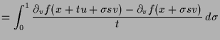 $\displaystyle = \int_0^1 \frac{\d _v f(x+tu+\sigma sv) - \d _v f(x+\sigma sv)}{t} \,d\sigma$