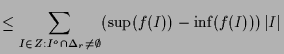 $\displaystyle \leq \sum_{I\in Z:I^o\cap \Delta _r\ne\emptyset} (\sup(f(I))-\inf(f(I)))\,\vert I\vert$