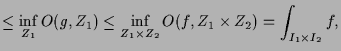 $\displaystyle \leq \inf_{Z_1} O(g,Z_1) \leq \inf_{Z_1\times Z_2} O(f,Z_1\times Z_2) =\int_{I_1\times I_2} f,$