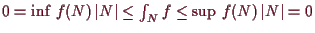 \bgroup\color{demo}$ 0=\inf\, f(N)\,\vert N\vert\leq \int_N f\leq \sup\, f(N)\,\vert N\vert=0$\egroup