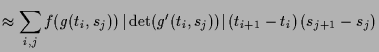 $\displaystyle \approx \sum_{i,j} f(g(t_i,s_j))\,\vert\det(g'(t_i,s_j))\vert\,(t_{i+1}-t_i)\,(s_{j+1}-s_j)$