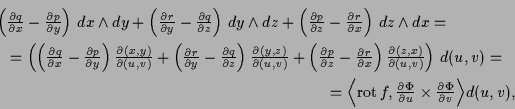 \begin{multline*}
\left(\tfrac{\d q}{\d x}-\tfrac{\d p}{\d y}\right)\, dx\wedge ...
...c{\d\Phi }{\d u}\times \tfrac{\d\Phi }{\d v}\Bigr\rangle d(u,v),
\end{multline*}