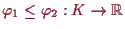 \bgroup\color{proclaim}$ \varphi _1\leq\varphi _2:K\to\mathbb{R}$\egroup