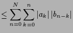 $\displaystyle \leq \sum_{n=0}^N \sum_{k=0}^n \vert a_k\vert\,\vert b_{n-k}\vert$