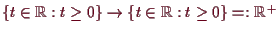 \bgroup\color{demo}$ \{t\in\mathbb{R}:t\geq 0\}\to \{t\in\mathbb{R}:t\geq 0\}=:\mathbb{R}^+$\egroup
