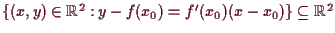 \bgroup\color{demo}$ \{(x,y)\in\mathbb{R}^2:y-f(x_0)=f'(x_0)(x-x_0)\}\subseteq \mathbb{R}^2$\egroup