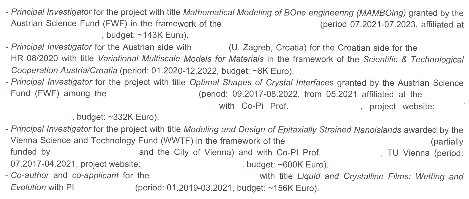 Principal Investigator for the project with title Mathematical Modeling of BOne engineering (MAMBOing) granted by the Austrian Science Fund (FWF) in the framework of the 1000 Ideas Programme (period 07.2021-07.2023, affiliated at   Wolfgang Pauli Institute, budget: ~143K Euro).
Principal Investigator for the Austrian side with I. Velcic (U. Zagreb, Croatia) for the Croatian side for the WTZ Grant    HR 08/2020 with title Variational Multiscale Models for Materials in the framework of the Scientific & Technological Cooperation Austria/Croatia (period: 01.2020-12.2022, budget: ~8K Euro).
Principal Investigator for the project with title Optimal Shapes of Crystal Interfaces granted by the Austrian Science Fund (FWF) among the Stand-Alone Projects (period: 09.2017-08.2022, from 05.2021 affiliated at the Research Platform MMM Mathematics-Magnetism-Materials with Co-Pi Prof. Norbert Mauser, project website: http://osci.univie.ac.at, budget: ~332K Euro).
Principal Investigator for the project with title Modeling and Design of Epitaxially Strained Nanoislands awarded by the Vienna Science and Technology Fund (WWTF) in the framework of the 2016 Program ``Mathematics and...'' (partially funded by Berndorf Foundation and the City of Vienna) and with Co-PI Prof. Ulrike Diebold, TU Vienna (period: 07.2017-04.2021, project website: http://modena.univie.ac.at, budget: ~600K Euro). 
Co-author and co-applicant for the FWF Lise-Meitner Project with title Liquid and Crystalline Films: Wetting and Evolution with PI Sh. Kholmatov (period: 01.2019-03.2021, budget: ~156K Euro).