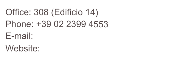 Office: 308 (Edificio 14)
Phone: +39 02 2399 4553 
E-mail: paolo.piovano@polimi.it
Website: https://www.mate.polimi.it/?view=pp&id=713#ann